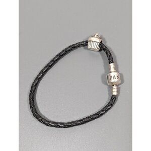 Pandora ALE 925 Black Leather Bracelet Cupcake Charm Birthday 14k Accent 6.5"